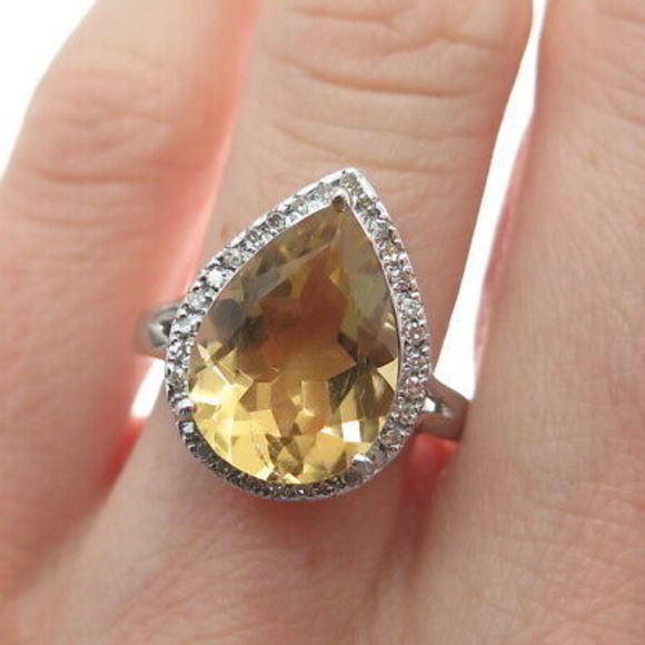 DSMK 925 Sterling Silver Real Round-Cut Diamond & Yellow Topaz Ring Size 7